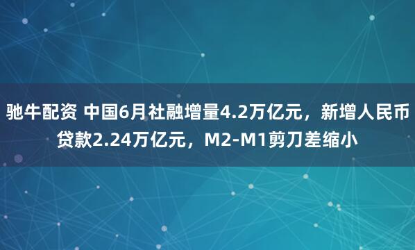 驰牛配资 中国6月社融增量4.2万亿元，新增人民币贷款2.24万亿元，M2-M1剪刀差缩小